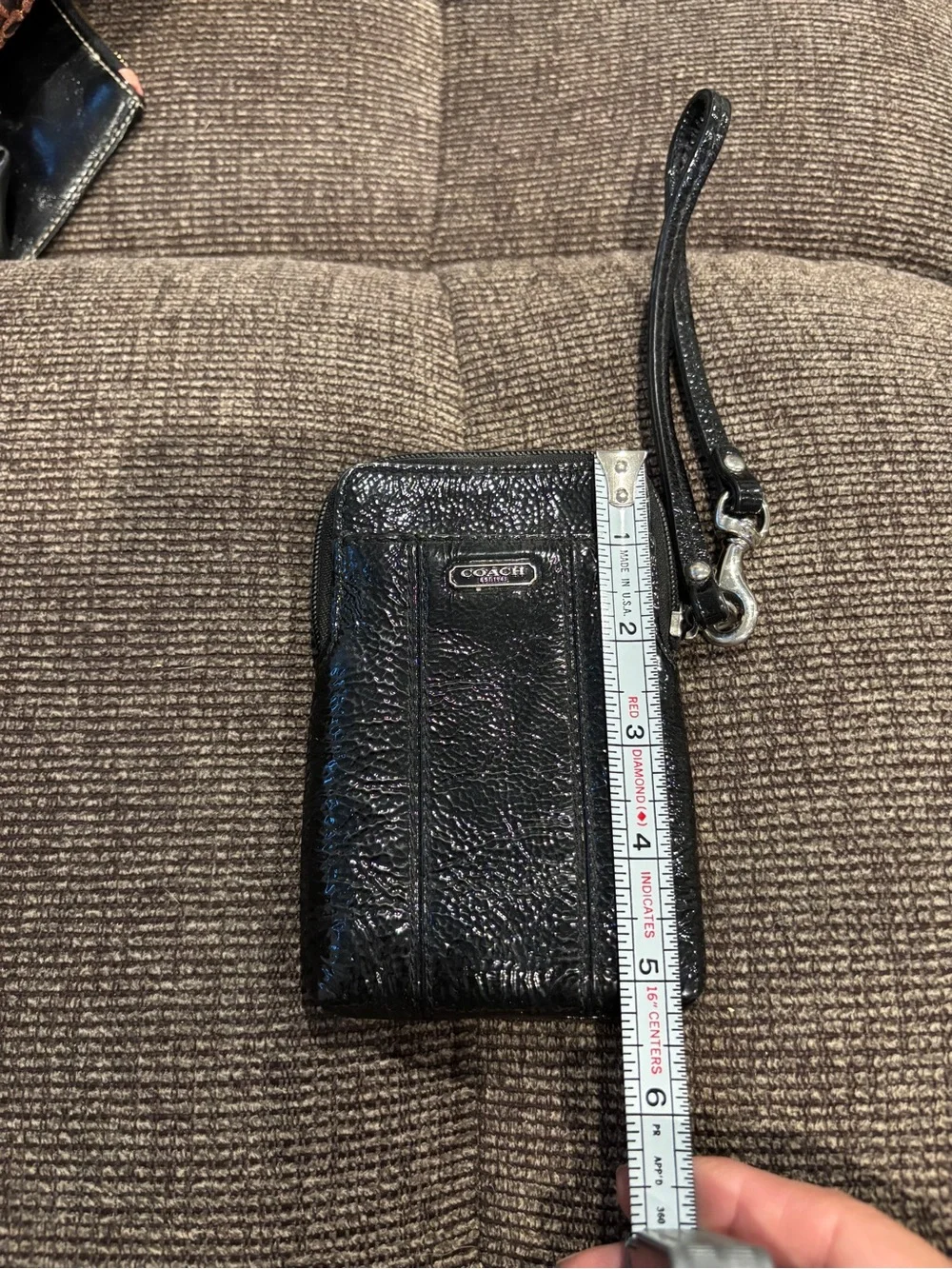 Coach Glossy Black Patent Leather Wristlet Phone Pouch with Strap